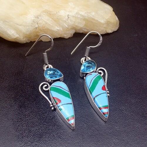 Gemstonefactory Big Promotion 925 Silver Nice Jewelry Stripe Jasper Blue Topaz Women Ladies Gifts Dangle Drop Earrings 20212366