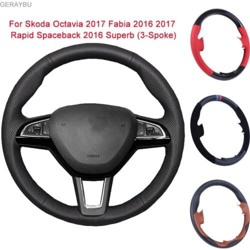 GERAYBU Custom DIY Black Leather Hand-sewn Car Steering Wheel Cover For Skoda Octavia Fabia Rapid Spaceback Superb (3-Spoke)