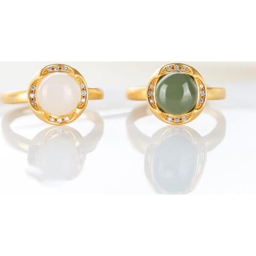 S925 Sterling Silver Hetian Jade White Jade Gray Jade Ring Simple Fashion Ring Gold Plated High Sense Opening Ring Ornament