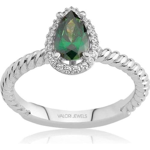 Valori Jewels 0.75 Carat, Zirconia Green And White Pear Gemstone, Rhodium Plated, Sterling Silver Solitaire Ring