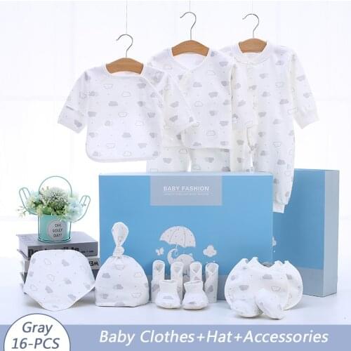 16PCS/SET Newborn Baby Clothing Set Unisex Long Sleeve Infant Romper Hat Accessories Suit Baby Shower Gift