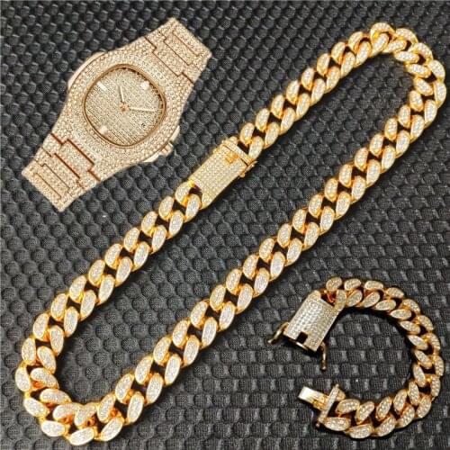 3pcs Kit Hip Hop 20MM Heavy Iced Out Paved Rhinestone CZ Miami Curb Cuban Rapper Bling Necklace+Watch+Bracelet For Men Jewelry