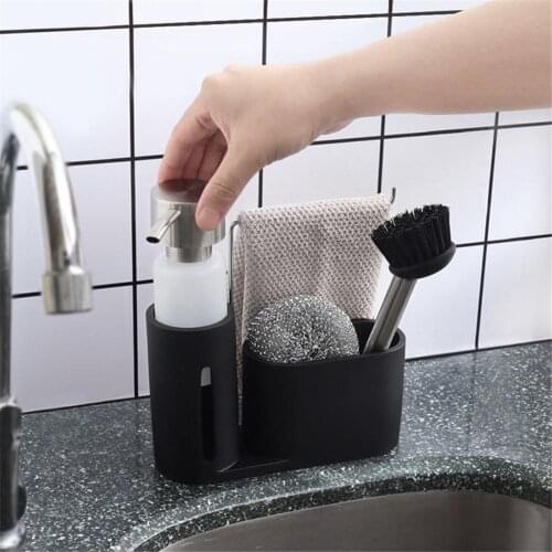 4PCS Kitchen Storage box Sink Caddy Cleaning Kit Kitchen Caddy with Soap Dispenser Steel Ball and Brush for Kitchen Organization
