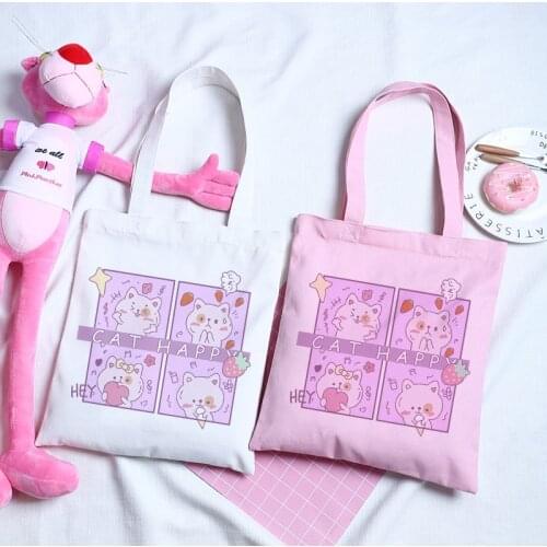 Kawaii cat cartoon female canvas bag casual women bag fun letter anime Harajuku sweet shopper bag Ulzzang women shoulder bags