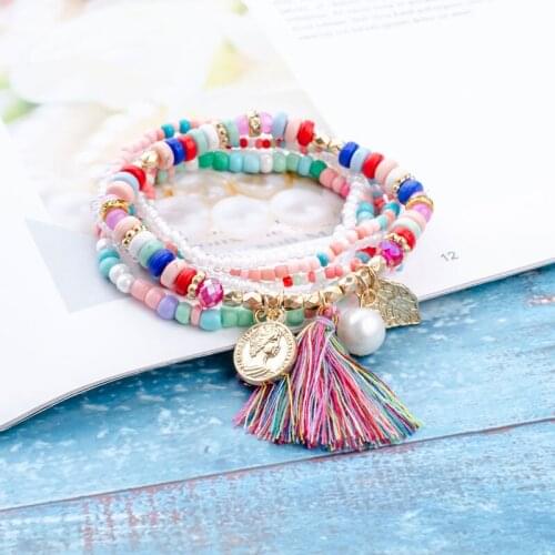 Handmade Multilayers Beaded Strand Bracelet Wristband Boho Statement Pearl Flower Bangles & Bracelets for Women Friendship Jewel