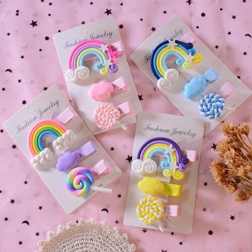3Pcs/Set Fashion Children Headwear Set Girls Candy Color Cloud Lollipop Hairpins Cute Cartoon Hair Accessories Rainbow Hair Clip