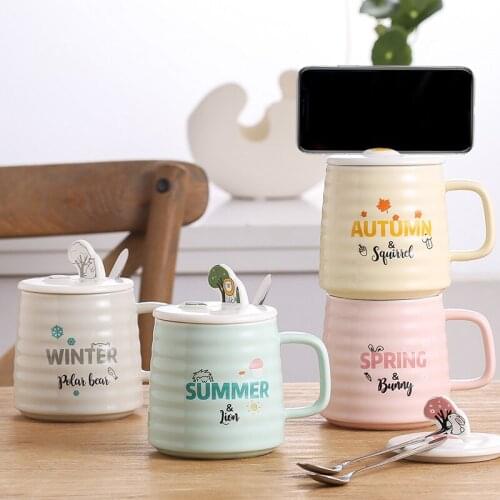 Cartoon Ceramics Coffee Mug Originality Mobile Phone Bracket Lid Mug Relief Circle Lovers Breakfast Milk Cup Scented Tea Teacup