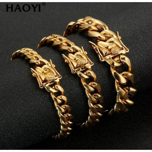 9/10/15mm Mens Bracelet Curb Cuban Link Chain Stainless Steel Mens Dragon Beard Buckle Bracelets Bangle Gold Tone No Fade