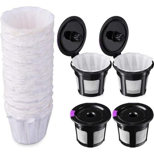 Reusable K Cups with Paper Filters Set, Including 4 Pack K Cups and 100 Pcs Coffee Filters for Keurig 1.0 and 2.0