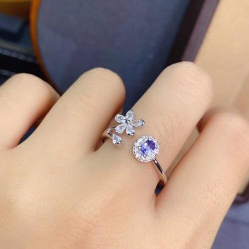 Natural gem stone Ring Natural blue tanzanite ring S925 silver trendy flower Adjustable womens girl party Jewelry