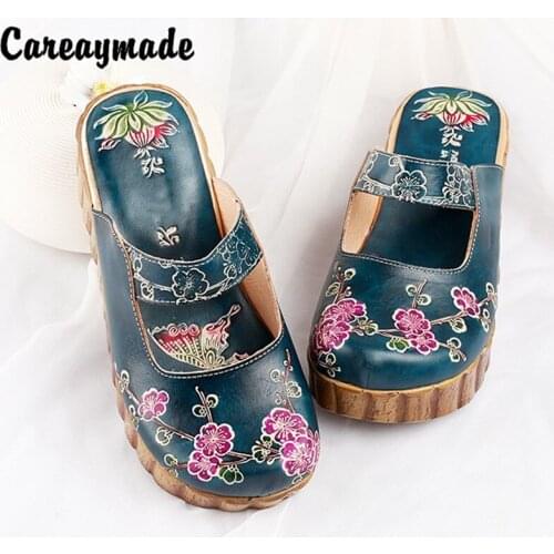 Careaymade-Folk style Head layer cowhide pure handmade Carved shoes,the retro art mori girl shoes,Womens fashion casual slipper