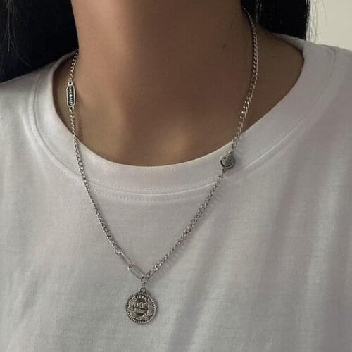 U-Magical Minimalist Circle Letter Print Coin Necklaces for Women Hiphop Titanium Steel Chain Asymmetry Pendant Necklace Jewelry