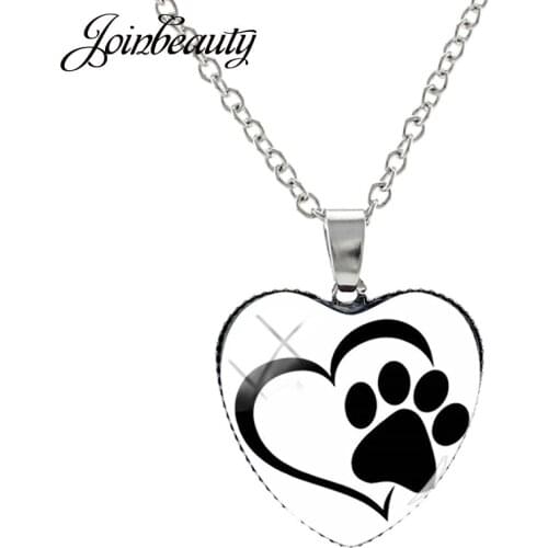 JOINBEAUTY Love Dog Paw Print Women Necklaces Heart Shape Handmade Glass Cabochon Necklace Dog Lovers Souvenir Gifts NT349