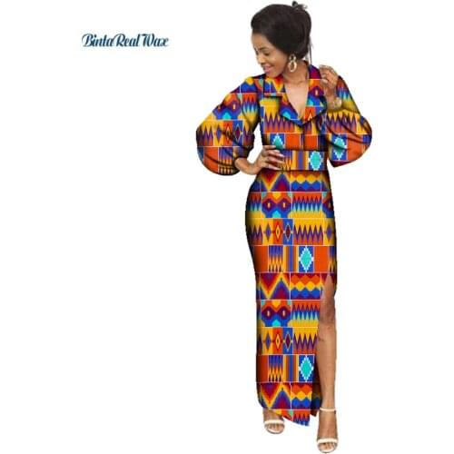 Cotton African Wax Print Dresses for Women Vestidos Sexy Turn-down Collar Long Dresses Bazin Riche African Clothing WY3083