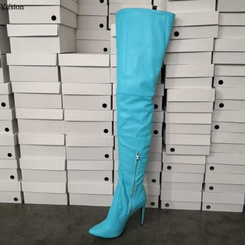 Olomm New Women Spring Over The Knee Boots Thin High Heels Boots Pointed Toe Elegant Sky-Blue Shoes Women Plus US Size 5-15