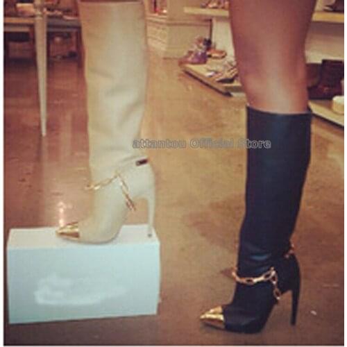 Fashion Black White Pointed Toe Thin High Heel Boots Women Knee High Gold Metal Toed With Chain Long BootySlim Fit Boots
