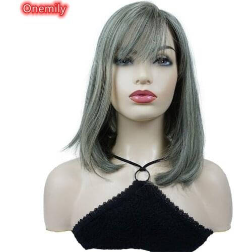 Onemily Dark Brown Blonde Mixed Shoulder Length Straight Bob Women Daily Wig Heat Friendly Soft Natural Wigs