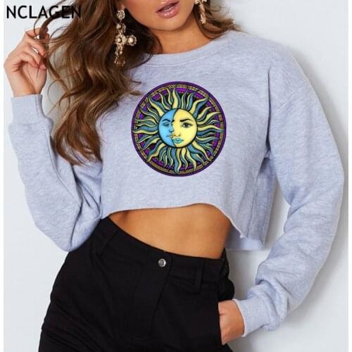 NCLAGEN Street Fashion Moon Sun Printing Women Cropped Sweatshirts Long Sleeve Harajuku Navel Bare Hoodies 2021 New Pullovers