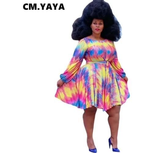 CM.YAYA Women Plus Size Dress Print Full Sleeve O-neck Bandage Sashes Loose Midi Dresses Casual Fashion Vestidos Summer Outfits