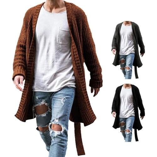 2020 Winter Autumn Mens Knitted Coat Large Size Keep Warm Cardigan Men Long Sleeve Midi Sweater Coat Grey Brown Black M-4XL