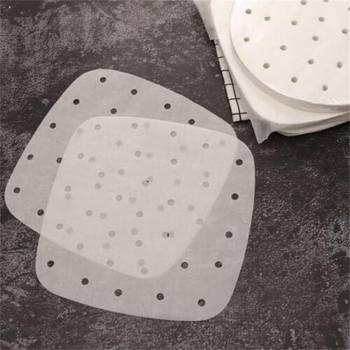 50pcs Square Dim Sum Papers Perforated Steamer Pads Non-Stick Air Fryer Liners Kitchen Tool Silicone Oil White