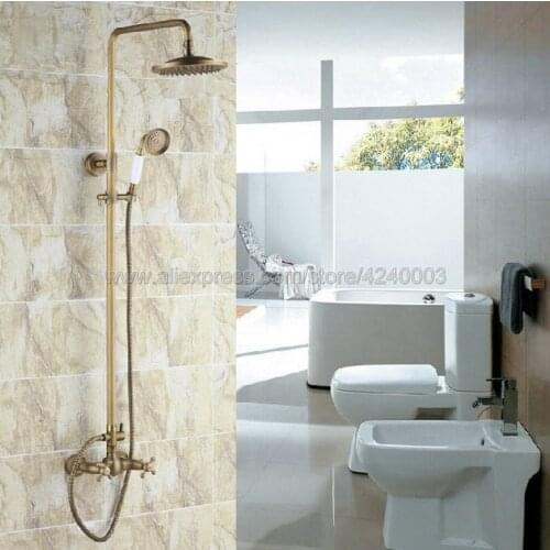 Antique Brass 8 inch Shower Head Bathroom Shower Faucet Sets Double Handles Mixer Tap with Hand Shower Sprayer Krs108