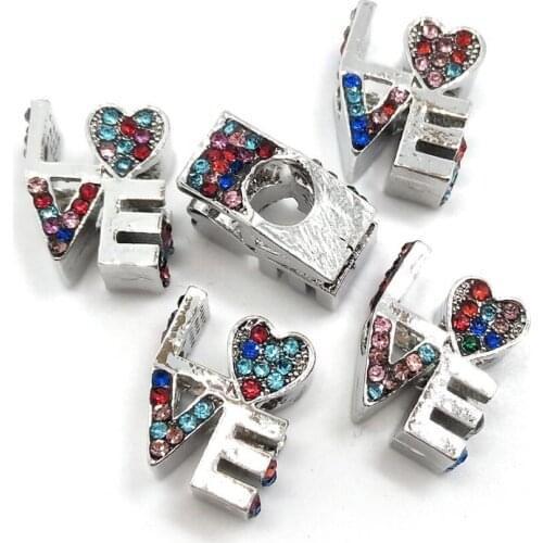 Free shipping new fashion 20pcs silver color big hole alloy beads colorful rhinestone charms fit European bracelet DIY