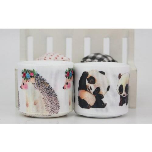 1-1/2" 38mm cute animal Hedgehog panda printed grosgrain white ribbon tape DIY handmade materials wedding gift wrap