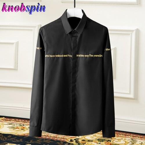 Fashion Letters Embroidery Men Shirt 2019 Brand Business male dress shirts Long sleeve Slim Chemise homme Plus size 4XL Camisas