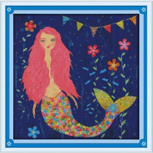 Watercolor mermaid cross stitch kit people 18ct 14ct 11ct count print canvas stitches embroidery DIY handmade needlework