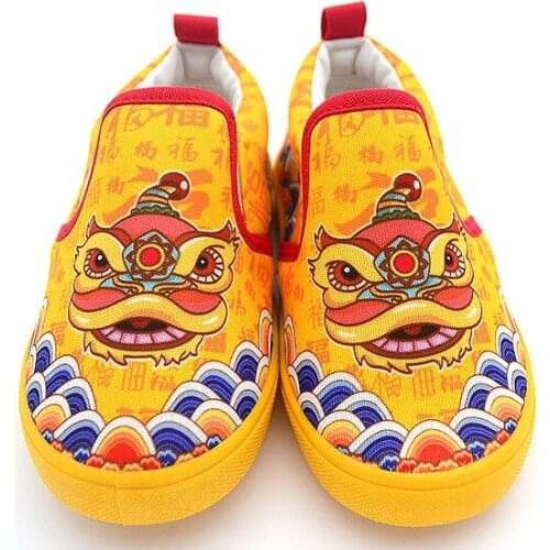 Chinese style boys canvas shoes campus shoes lion dance Huang Nanshi printing casual shoes soft sole light weight