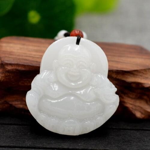 Natural White Afghanistan Jades Pendant Necklace Carved Pot-bellied Maitreya Laughing Buddha Pendant Men Jades Stone Jewelry