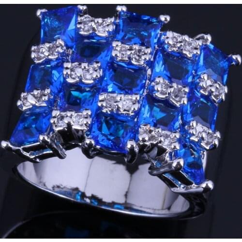 Superb Square Blue Cubic Zirconia White CZ Silver Plated Ring V0579