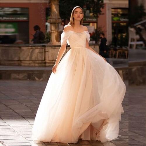 Romantic Champagne Ruched Tulle Wedding Dresses Off the Shoulder A Line Brush Train Bridal Gowns robe mariage