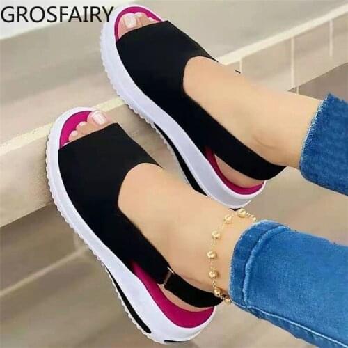 Womens Fish Mouth Sandals Thick-soled Wedges Summer Casual Thick-soled Single Shoes with Velcro Casual Fish Mouth Sandals Women
