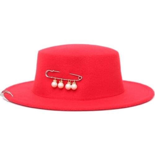 New style copper ring big needle flat top autumn and winter mens and womens pearl fedora hat Panama 2021