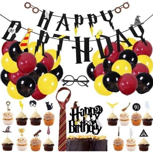 Magic Theme Glasses Banner Flag Decoration Hanging Paper Cup Plate Potters Ballon Theme Party Set Children Happy Birthday Gift