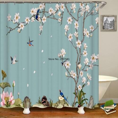 Chinese Style Flower and Bird landscape Shower Curtain Waterproof Bathroom Curtain Bath Curtains Fabric 3d Printed With Hooks
