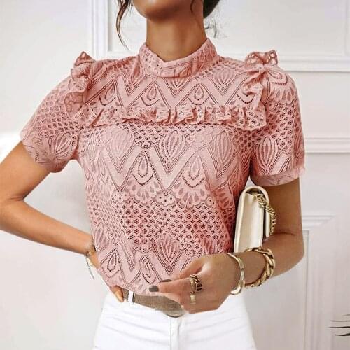 Women Half Turtleneck Hollow Out Lace T-shirts Top Summer New Short Sleeve Solid Color Elegant Casual Slim Pink Pullovers Femme