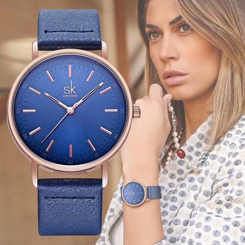 SHENGKE Womens Blue Leather Wristwatches 4 Colors Round Dial Quartz Watches Women Fashion Dress Watch Ladies Relogio Feminino