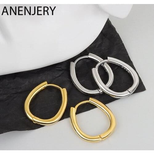 ANENJERY 925 Sterling Silver Oval Hoop Earrings For Women Simple Temperament Earring Korean Design Jewelry