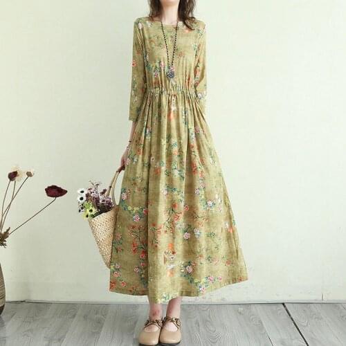 Women Cotton Linen Casual Dress New Arrival 2021 Summer Vintage Floral Print Ladies Elegant A-line Long Dresses Clothing Women