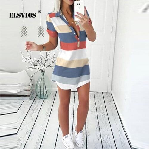 Casaul Women Buttons V Neck Printed Solid Color Shirts Dress Fashion Summer Short Sleeves Mid Waist Slim Elegant Office Dresses