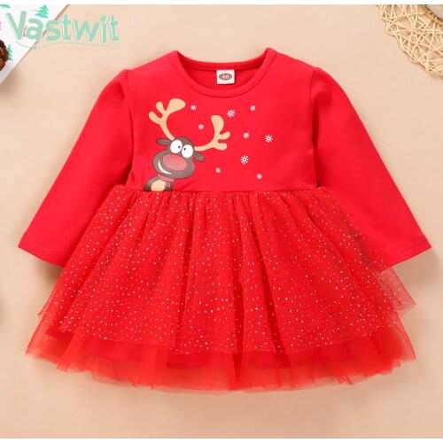 0-18M Christmas Newborn Infant Baby Girl Red Dress Long Sleeve Sequins Mesh Tutu Party Dress For Girl Xmas Elk Print Costumes