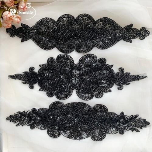 2Pieces/Lot Black Ivory Beaded Lace Patch Applique DIY Haute Couture Wedding Dress Accessories RS2945