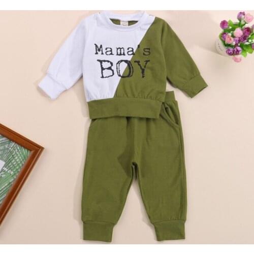 Baby Boy 2Pcs Fall Outfits, Long Sleeve Letter Print Color Block Patchwork Pullover and Pants Set Spring Autumn