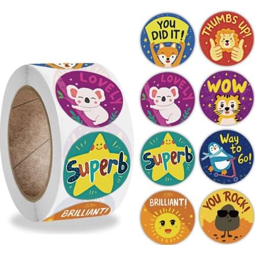 500Pcs Cute Animals Reward Stickers Roll English Word Motivational Stickers School Teacher Student Classic Toy Sticker Kids Gift