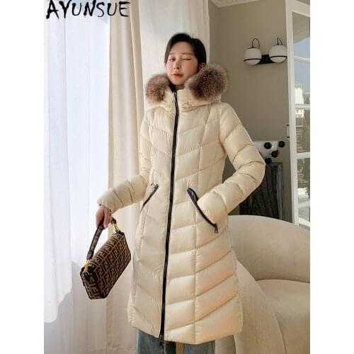 AYUNSUE Winter White Duck Down Jacket Women Warm Coat Female 100% Real Fox Fur Collar Long Jackets Clothing 2021 Casaco Feminino