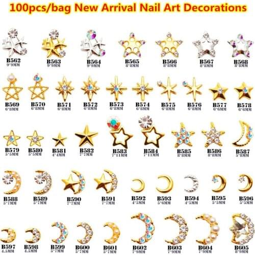 Free Shipping 100pcs/bag 43 Kinds Nail Art Rhinestones Alloy Nails Decor Star Moon Shape Japan Gold Metal Nail Art Decoration