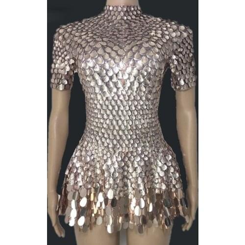 Shining Lovely Sequins Mini Dress Costume Celebrate Rhinestone Bodysuit Birthday Silver Dresses Sexy Nightclub Leotard